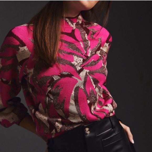 Anthropologie Pink and Brown Leaf Print Sweater - Picture 2 of 8